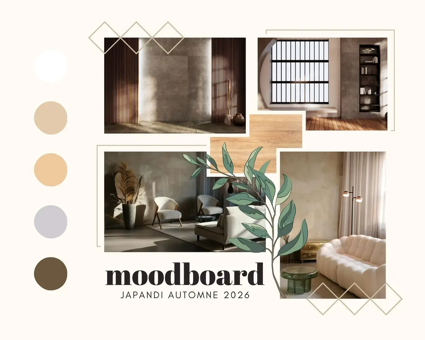 Moodboard Japandi automne 2026 avec une palette de blancs, beiges et bruns, des salons aux murs enduits, du bois et une branche de feuillage vert.