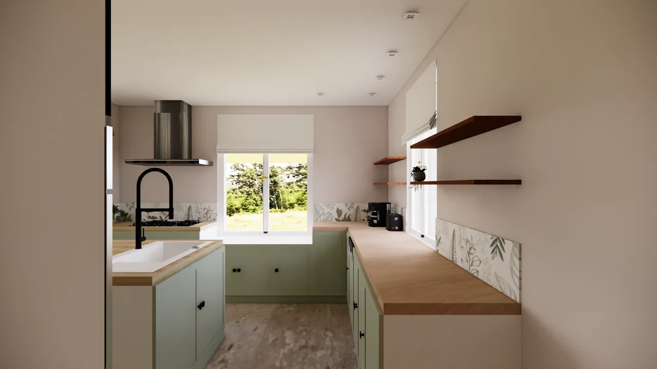 La cuisine en projet, vue 3D vers la fenêtre : meubles bas vert sauge, plan de travail en bois, crédence à motif végétal, étagères en bois