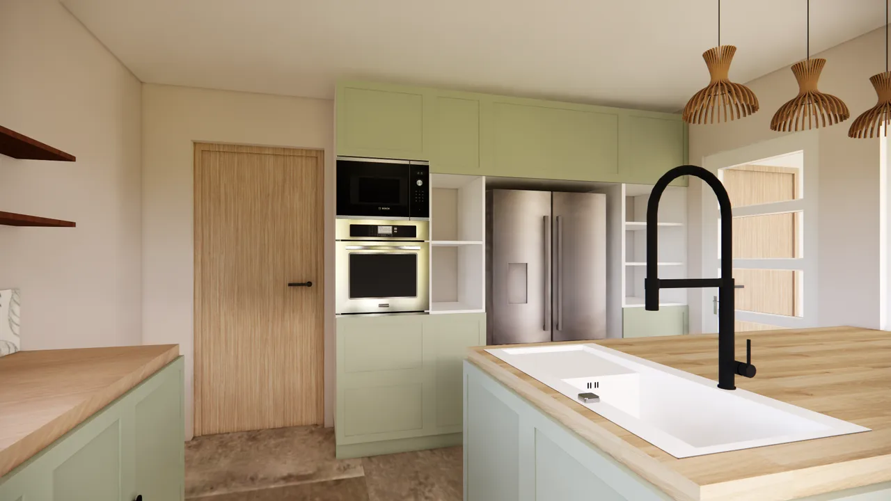 La cuisine en projet, vue 3D : façades vert sauge, colonnes four et réfrigérateur, îlot en bois clair avec évier blanc et robinet noir, suspensions en bois