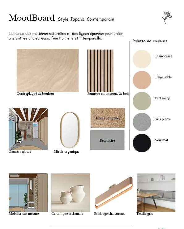 Planche d'ambiance du projet : contreplaqué de bouleau, panneau de tasseaux, claustra,
                    miroir organique, béton ciré, et la palette blanc cassé, beige sable, vert sauge, gris
                    pierre, noir mat