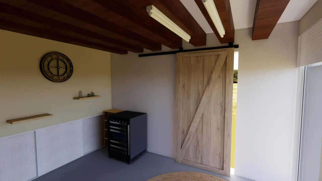 Vue vers la porte coulissante en bois qui sépare l'entrée du reste de la maison, avec étagères murales et cave à vin