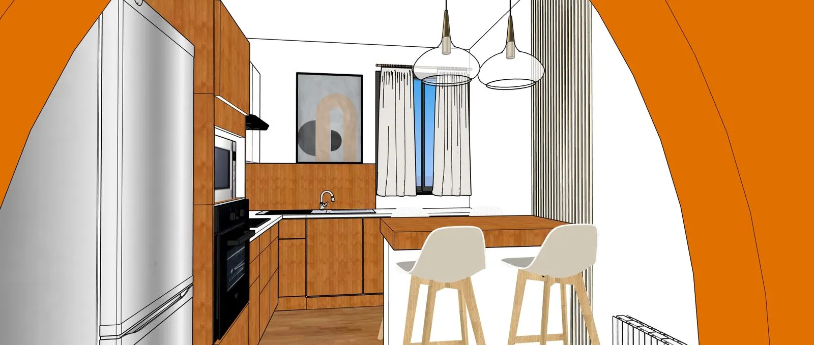 La cuisine ouverte vue depuis l'arche, au trait : colonne frigo, four, plan en bois et îlot avec deux tabourets
