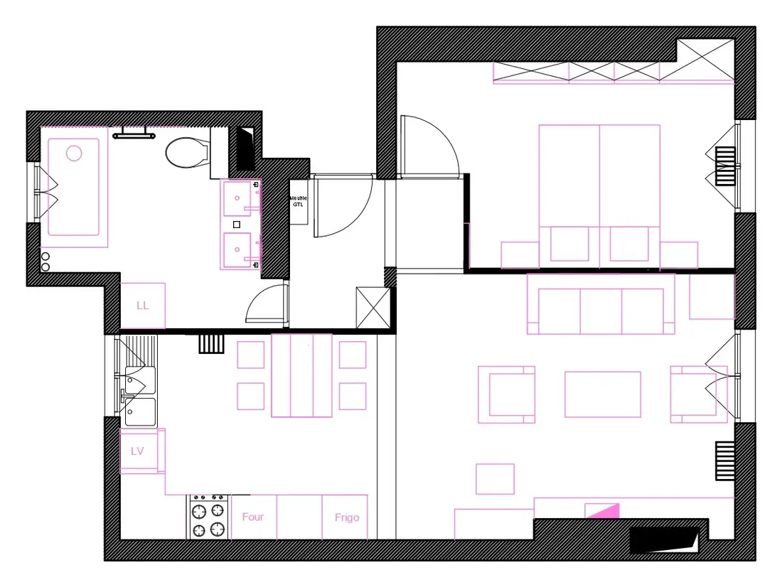 Plan d'aménagement meublé d'un appartement de 47 m² : entrée, chambre avec dressing, salle de bains, cuisine ouverte sur le séjour