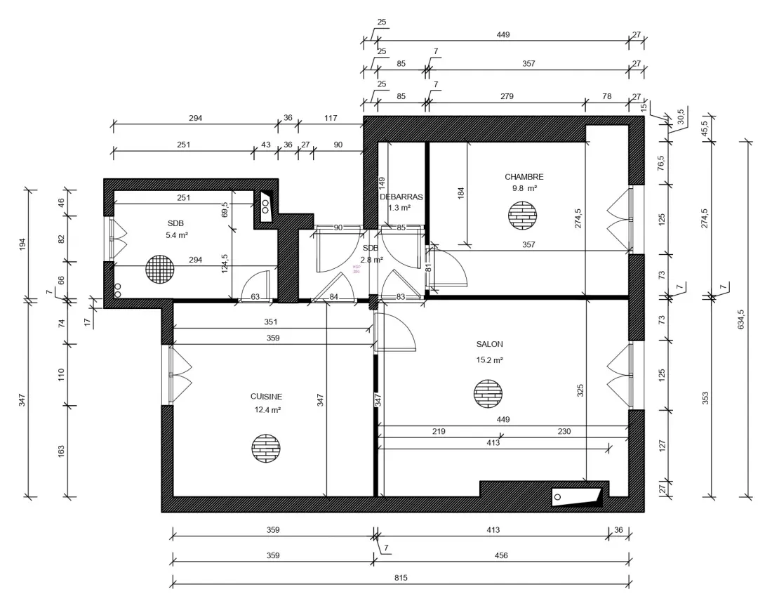 Plan de l'appartement à l'existant : entrée, débarras, chambre, salon, cuisine, salle de bains