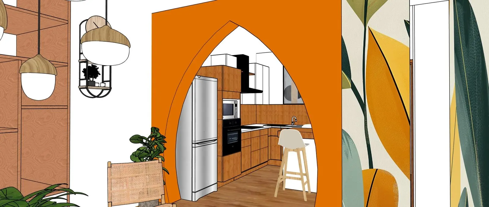 La cuisine aperçue depuis le séjour à travers l'arche orange, au trait