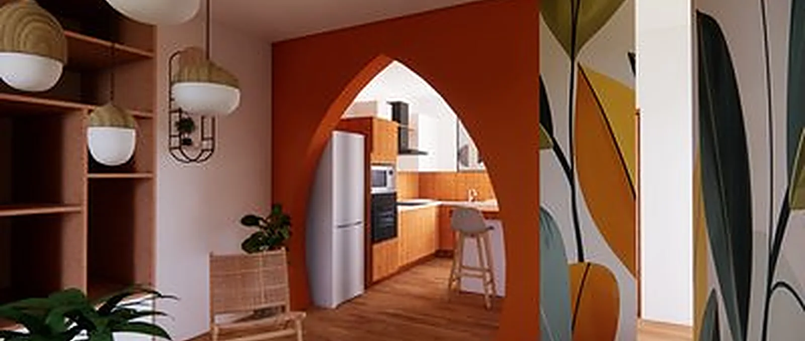 La cuisine aperçue depuis le séjour à travers l'arche orange, en rendu réaliste